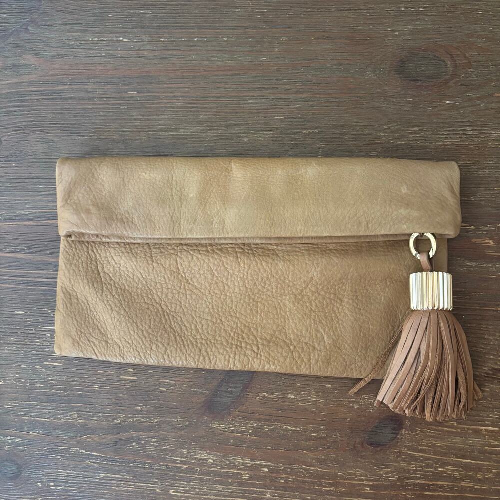 India Hicks Carmen Leather Fold Over Clutch Leather Tan Beige Neutral